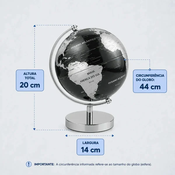 Globo Terrestre Preto Com Prata Base De Metal 19 Cm