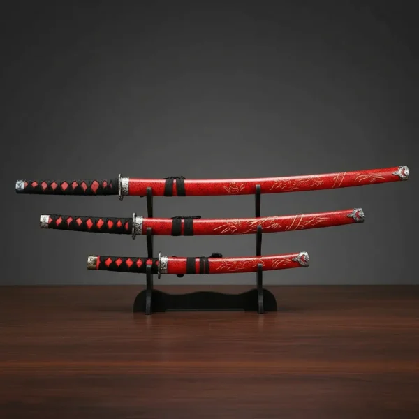 Conjuto Katana Vermelha Decorativa 3 Katana Com Suporte