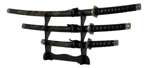 Conjunto 3 Espadas katanas Com Suporte Preta
