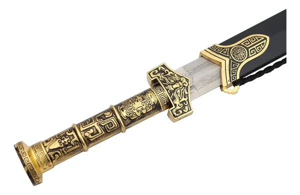 Espada Chinesa Preta Com Ouro Velho Escovado 65 Cm C/suporte