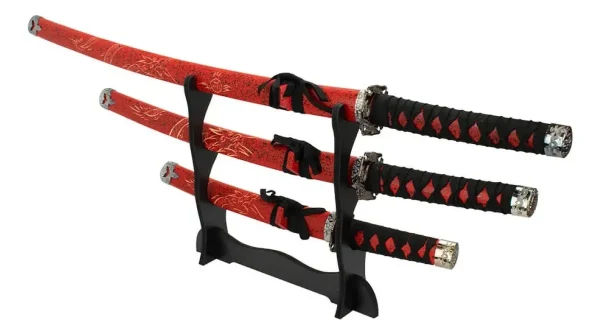 Conjuto Katana Vermelha Decorativa 3 Katana Com Suporte