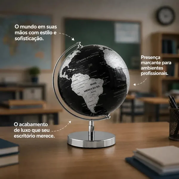Globo Terrestre Preto Com Prata Base De Metal 19 Cm
