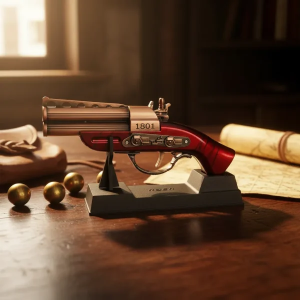 Arma Garrucha 2 Canos Decorativa Vermelha Com Suporte
