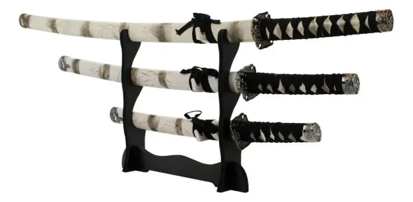 Jogo 3 Espadas Japonesa Katana Branca Detalhes Com Suporte
