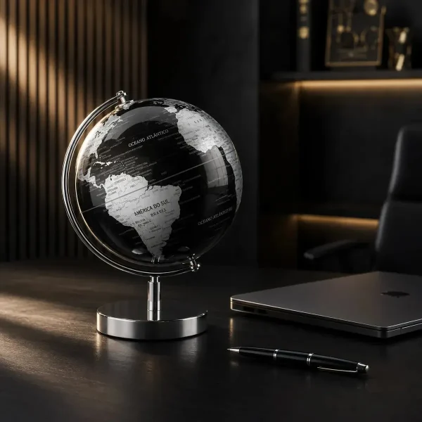 Globo Terrestre Preto Com Prata Base De Metal 19 Cm