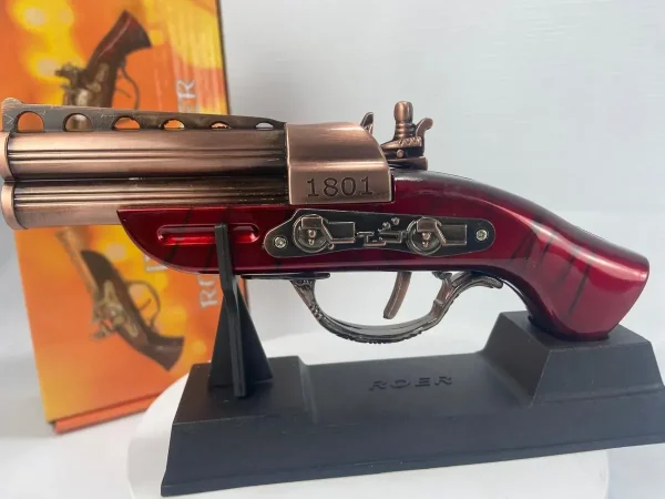 Arma Garrucha 2 Canos Decorativa Vermelha Com Suporte