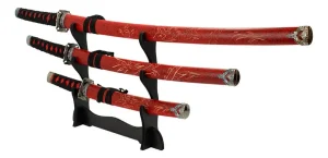 Conjuto Katana Vermelha Decorativa 3 Katana Com Suporte