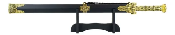 Espada Chinesa Preta Com Ouro Velho Escovado 65 Cm C/suporte