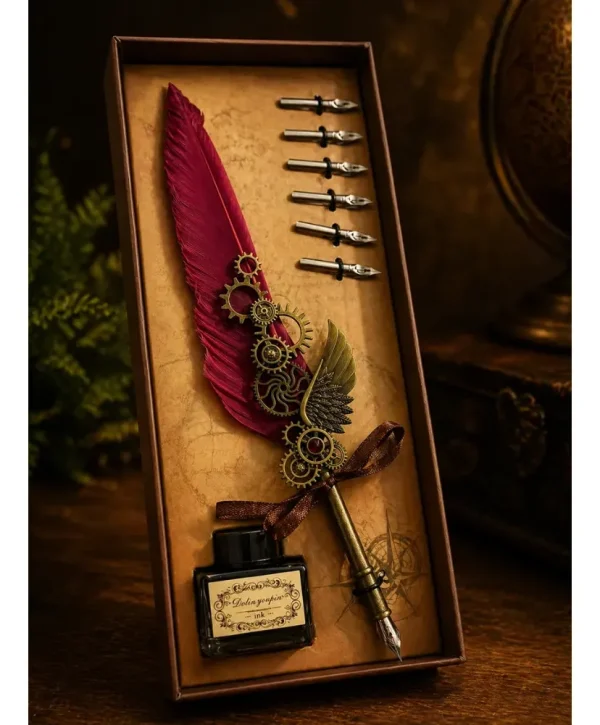 Caneta Tinteiro Antiga Luxo Pena Vermelha Vintage