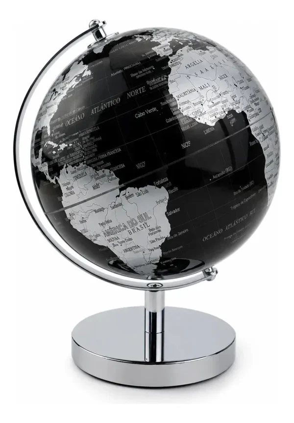Globo Terrestre Preto Com Prata Base De Metal 19 Cm