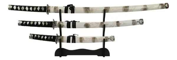 Jogo 3 Espadas Japonesa Katana Branca Detalhes Com Suporte