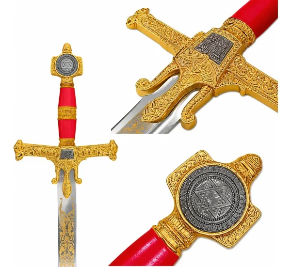 Espada Medieval Reis Davi Salomão Detalhe Dourado Com Suporte  Cor Vermelho