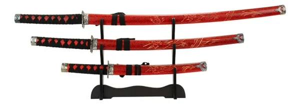Conjuto Katana Vermelha Decorativa 3 Katana Com Suporte
