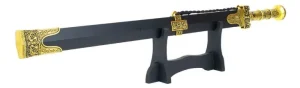 Espada Chinesa Preta Com Ouro Velho Escovado 65 Cm C/suporte