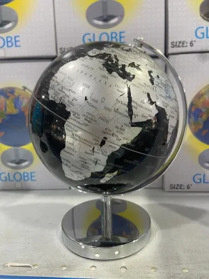 Globo Terrestre Preto Com Prata Base De Metal 19 Cm