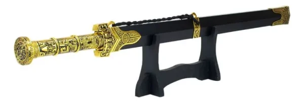 Espada Chinesa Preta Com Ouro Velho Escovado 65 Cm C/suporte