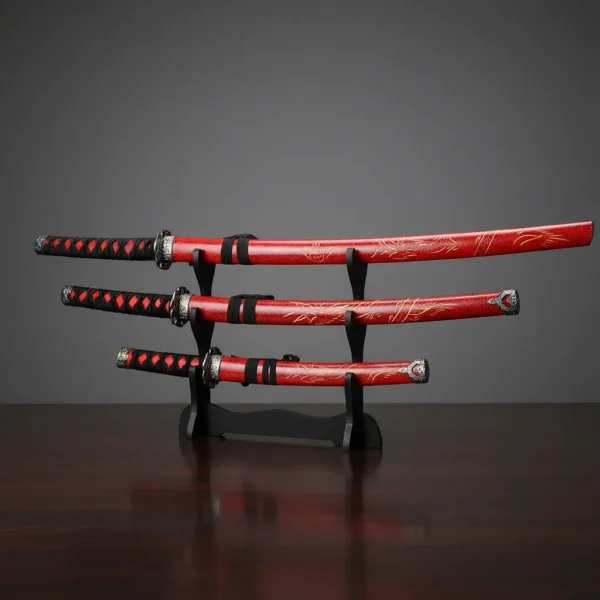 Conjuto Katana Vermelha Decorativa 3 Katana Com Suporte