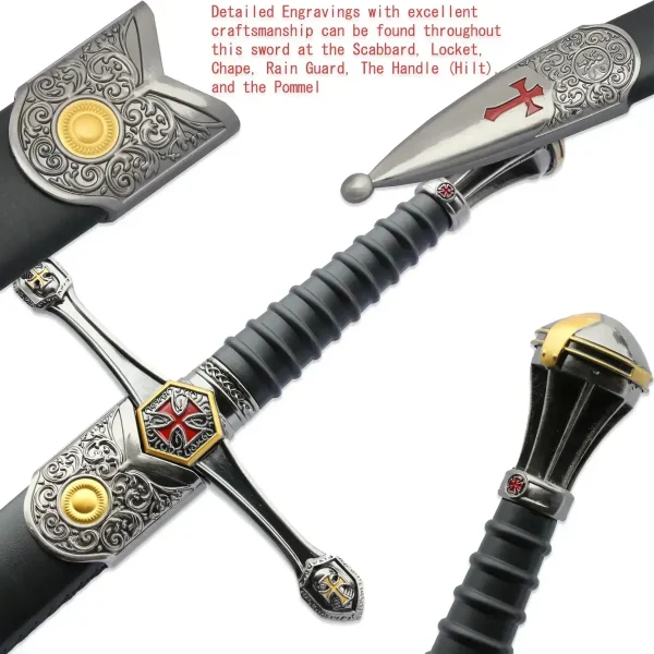 Espada Medieval Templária Em Metal Com Bainha E Suporte 99cm Cor Preto