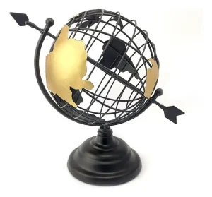 Globo Terrestre Decorativo  Preto Dourado Metal 30cm