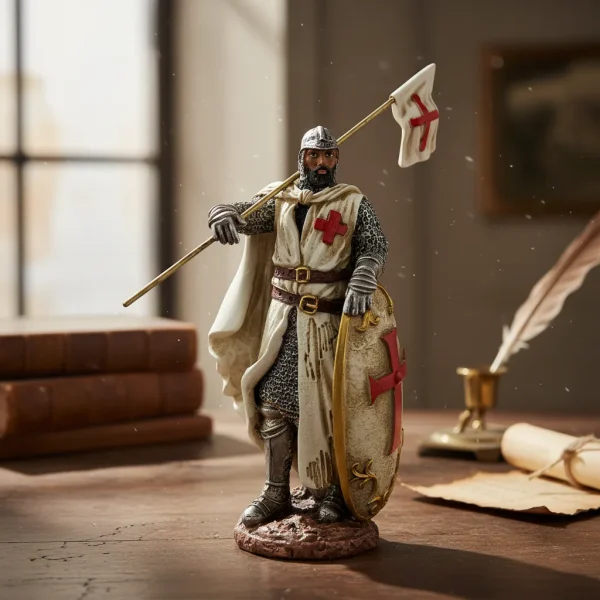 Escultura Medieval Cavaleiro Templário Com Bandeira