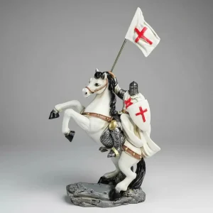 Estátua Decorativa Cavaleiro Templário Com Bandeira Resina