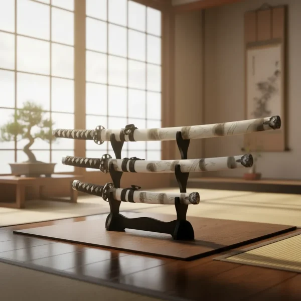 Jogo 3 Espadas Japonesa Katana Branca Detalhes Com Suporte