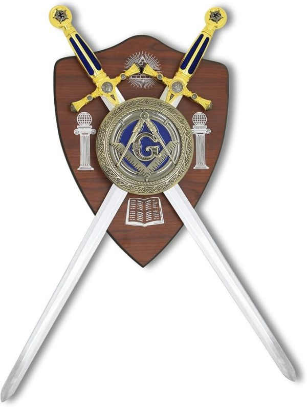 Brasão Símbolo Maçonaria Com 2 Espadas Azul E Suporte