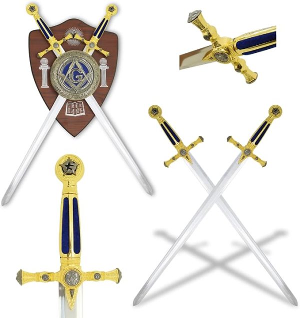 Brasão Símbolo Maçonaria Com 2 Espadas Azul E Suporte