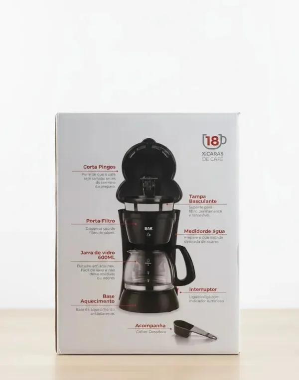 Cafeteira Elétrica Bak 650w Jarra De Vidro 18 Xícaras Cor Preto