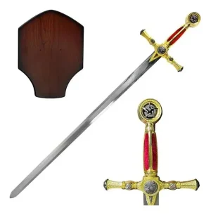 Espada Medieval Maçonaria Vermelha Com Suporte Parede