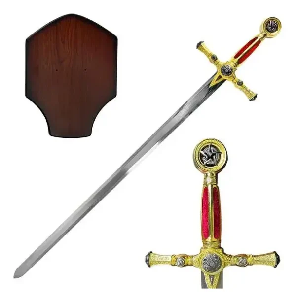 Espada Medieval Maçonaria Vermelha Com Suporte Parede