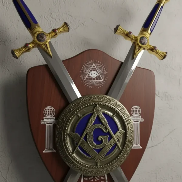 Brasão Símbolo Maçonaria Com 2 Espadas Azul E Suporte
