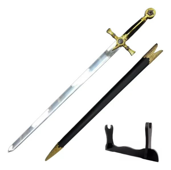 Espada Medieval Maçonica Preta Com Bainha E Suporte