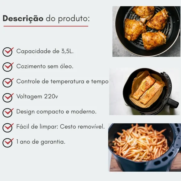 Air Fryer 3,5 Lt Fritadeira Eletrica Sem Óleo Cor Preta