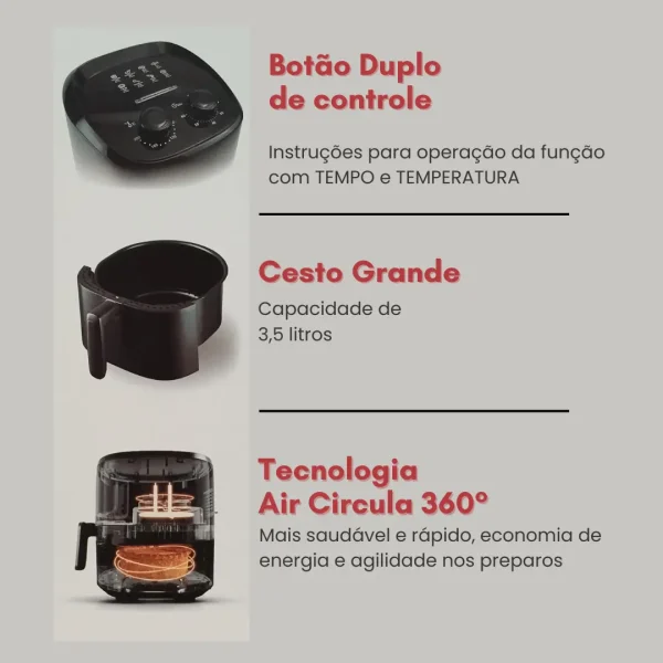 Air Fryer 3,5 Lt Fritadeira Eletrica Sem Óleo Cor Preta