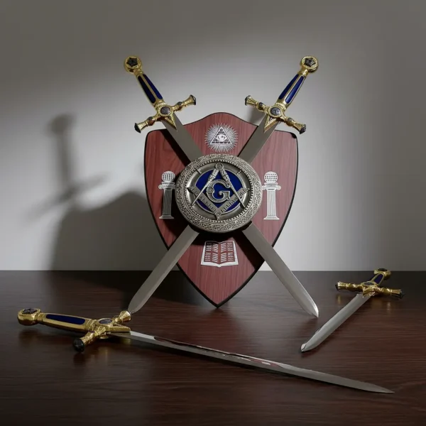 Brasão Símbolo Maçonaria Com 2 Espadas Azul E Suporte