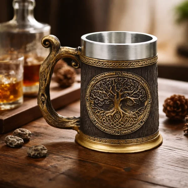 Caneca Árvore Da Vida Alça Medieval Viking Inox