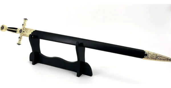 Espada Medieval Maçonica Preta Com Bainha E Suporte