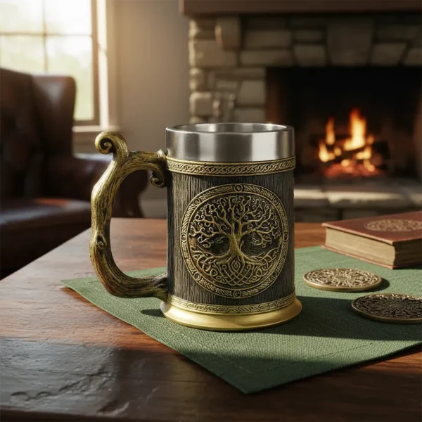 Caneca Árvore Da Vida Alça Medieval Viking Inox