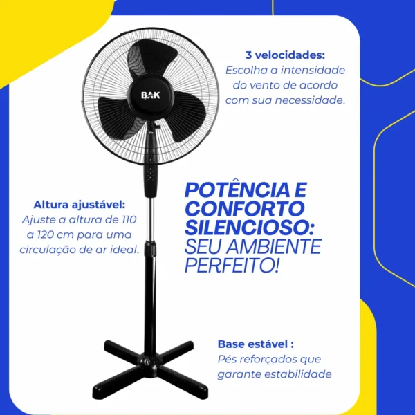 Ventilador Pedestal  3 Hélices Coluna Ajustavel 45w Preto