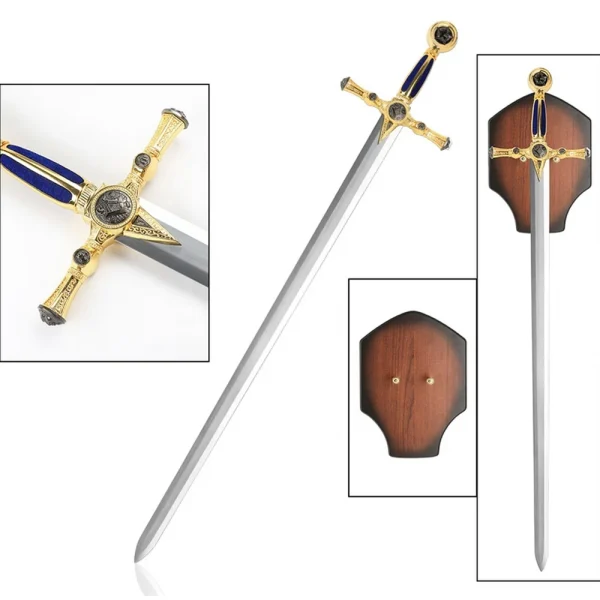 Espada Maçonaria Cabo Azul Em Aço Com Suporte